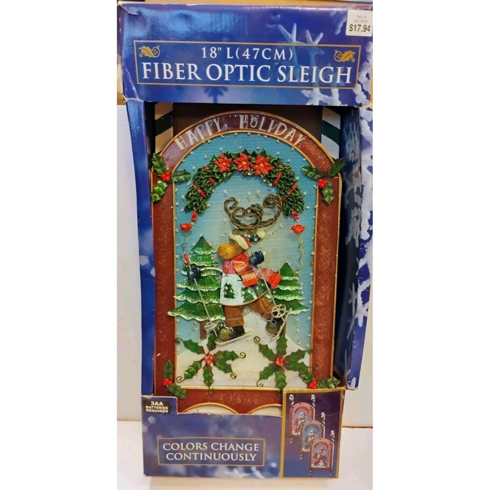 Vintage Fiber Optic Christmas Sleigh 18” Color Changing Skiing Moose New in Box